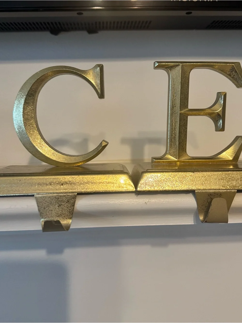Vintage Gold Metal PEACE Christmas Stocking Holders Mantel Hooks Set of 5 Heavy